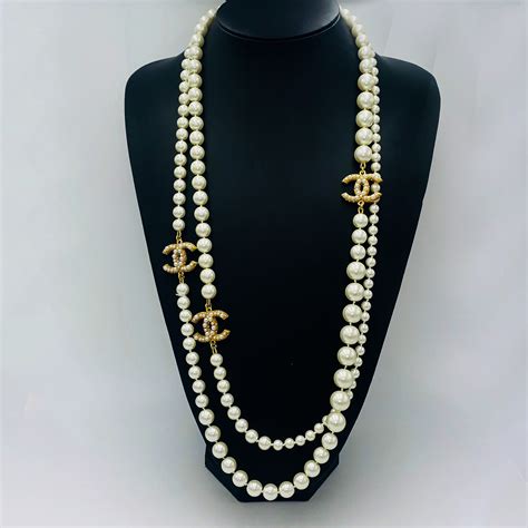 chanel cc silver necklace|Chanel pearl long strand necklaces.